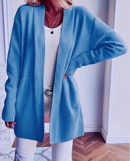 Slouchy Open Front Pocket Knit Cardigan - LakeBlue