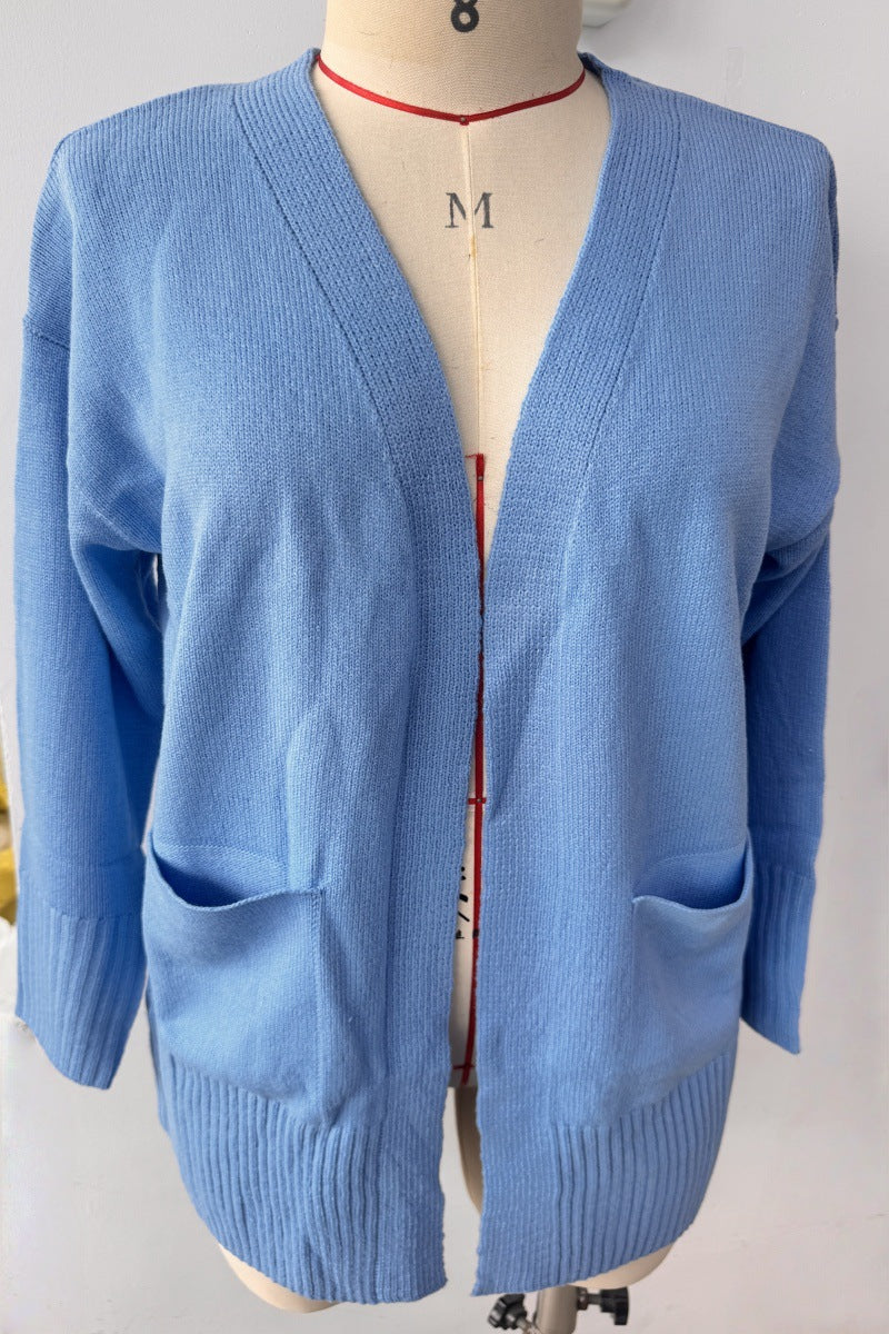 Slouchy Open Front Pocket Knit Cardigan - LakeBlue - 1