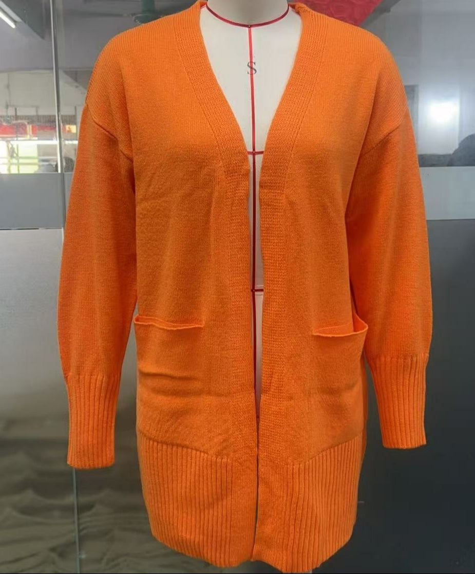 Slouchy Open Front Pocket Knit Cardigan - Orange - 1