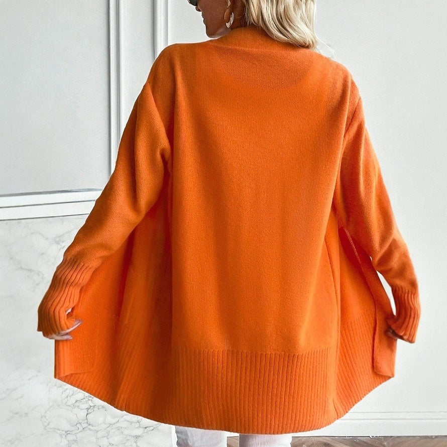 Slouchy Open Front Pocket Knit Cardigan - Orange - 4