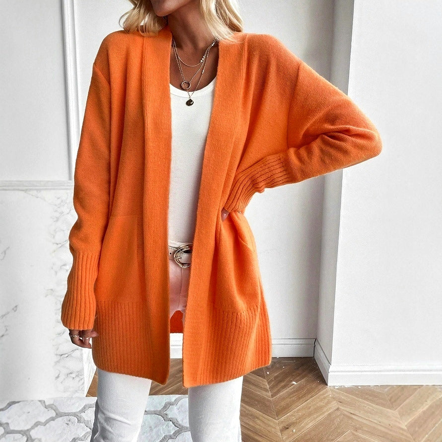 Slouchy Open Front Pocket Knit Cardigan - Orange - 6