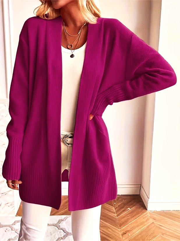 Slouchy Open Front Pocket Knit Cardigan - Purple