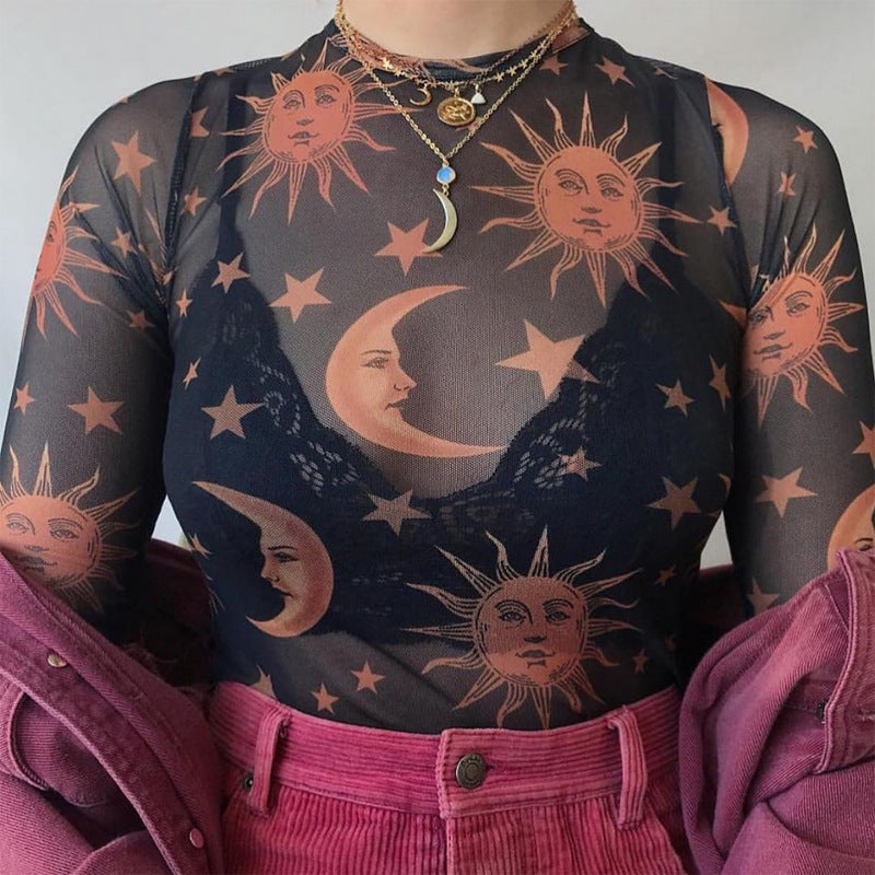 Sun And Moon Mesh Long Sleeve Top - Black