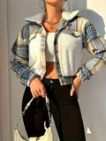 Cropped Plaid and Sherpa Colorblock Jacket - Blue