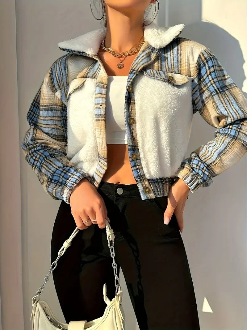 Cropped Plaid and Sherpa Colorblock Jacket - Blue