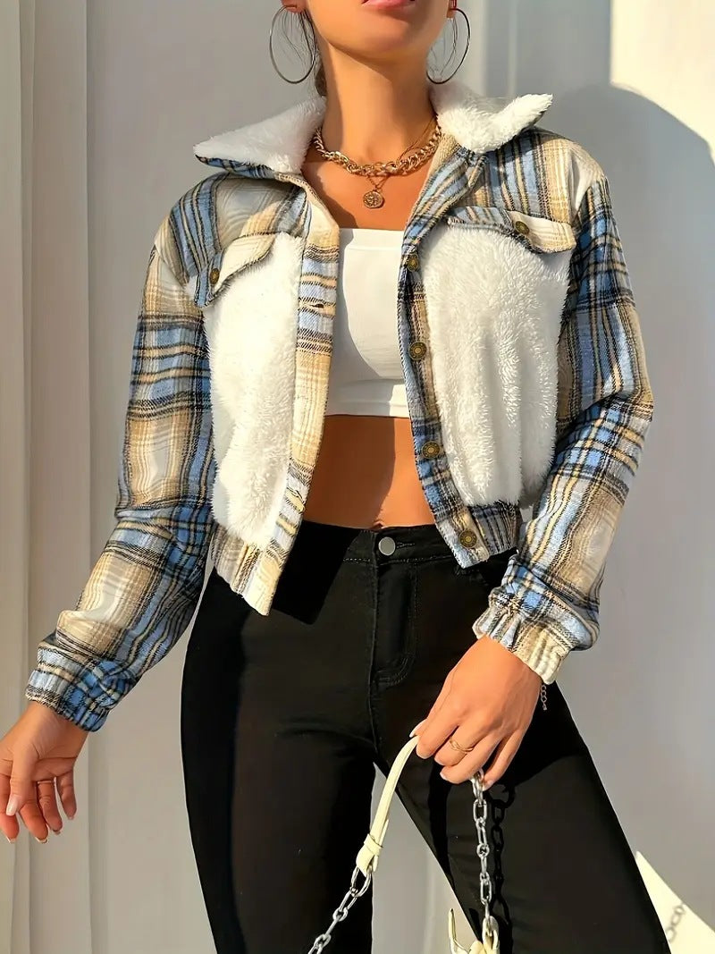 Cropped Plaid and Sherpa Colorblock Jacket