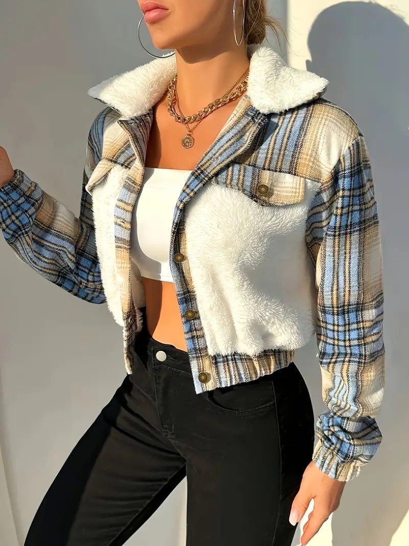 Cropped Plaid and Sherpa Colorblock Jacket - view 2