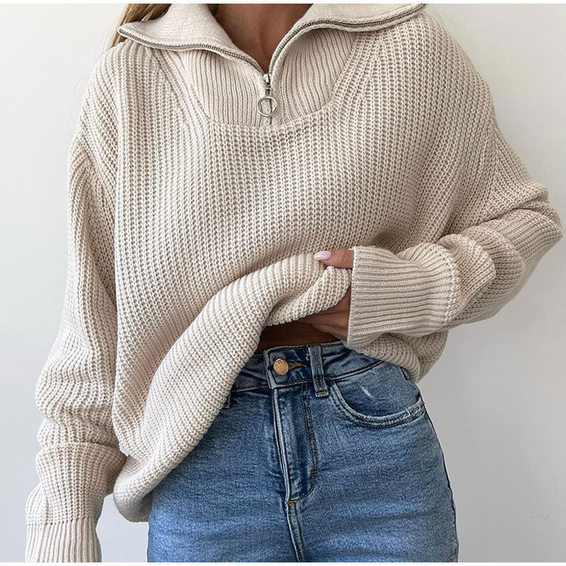 Half Zip Ribbed Knit Oversized Sweater - Beige