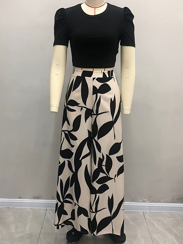 Puff Sleeve Crop Top And Palazzo Pants Set - Black