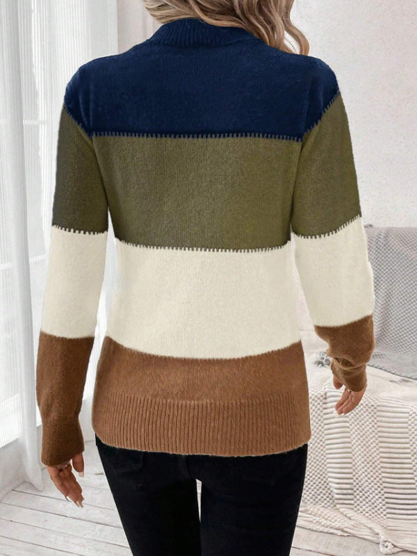 Retro Color Block Striped Knit Sweater - Apricot - 1