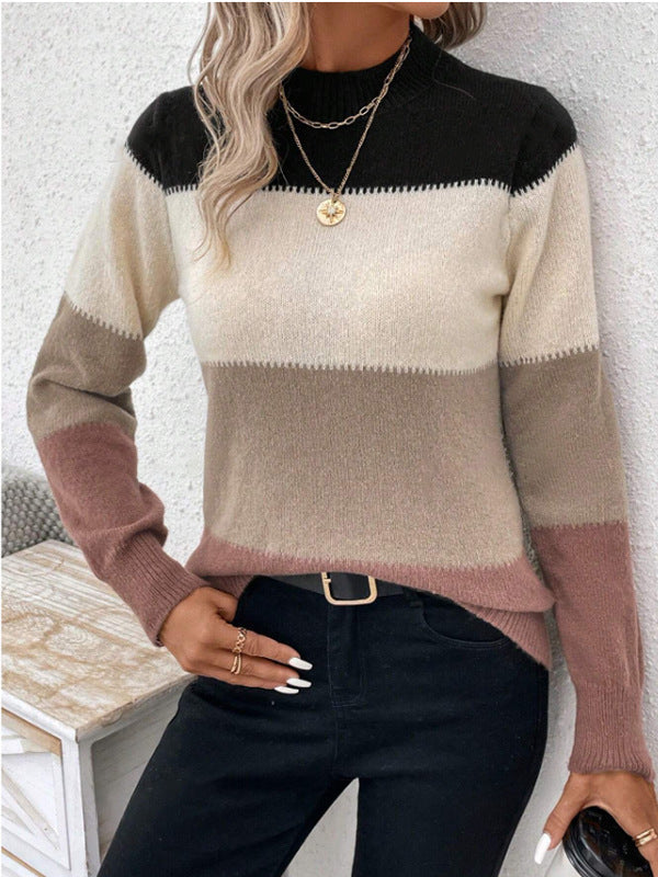 Retro Color Block Striped Knit Sweater - Camel