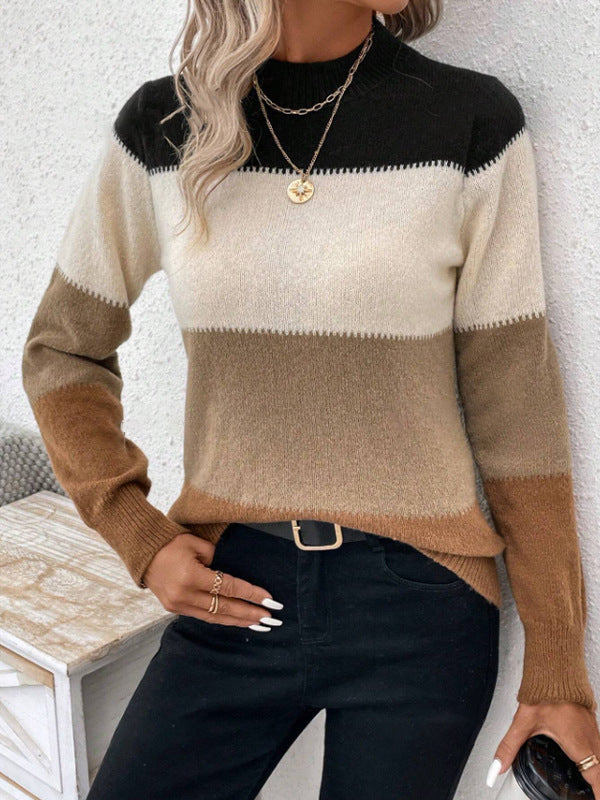 Retro Color Block Striped Knit Sweater - Caramel