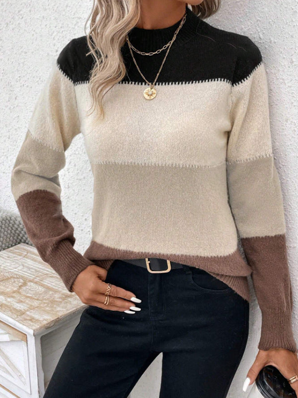 Retro Color Block Striped Knit Sweater - Khaki