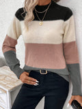Retro Color Block Striped Knit Sweater - Pink