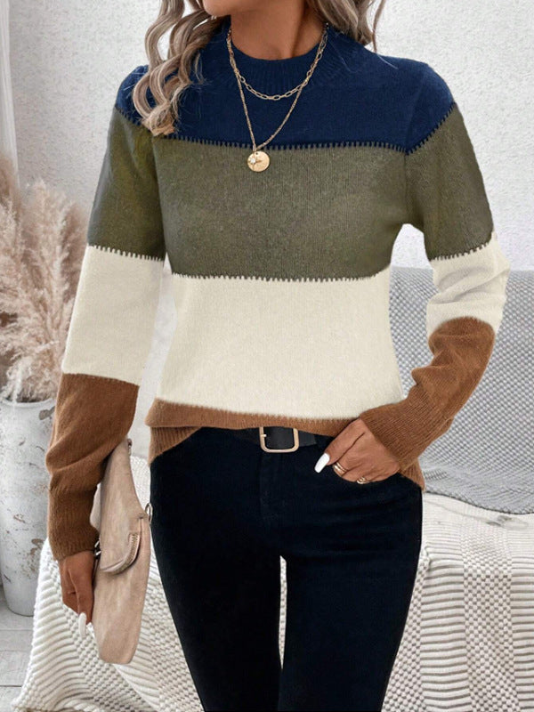 Retro Color Block Striped Knit Sweater