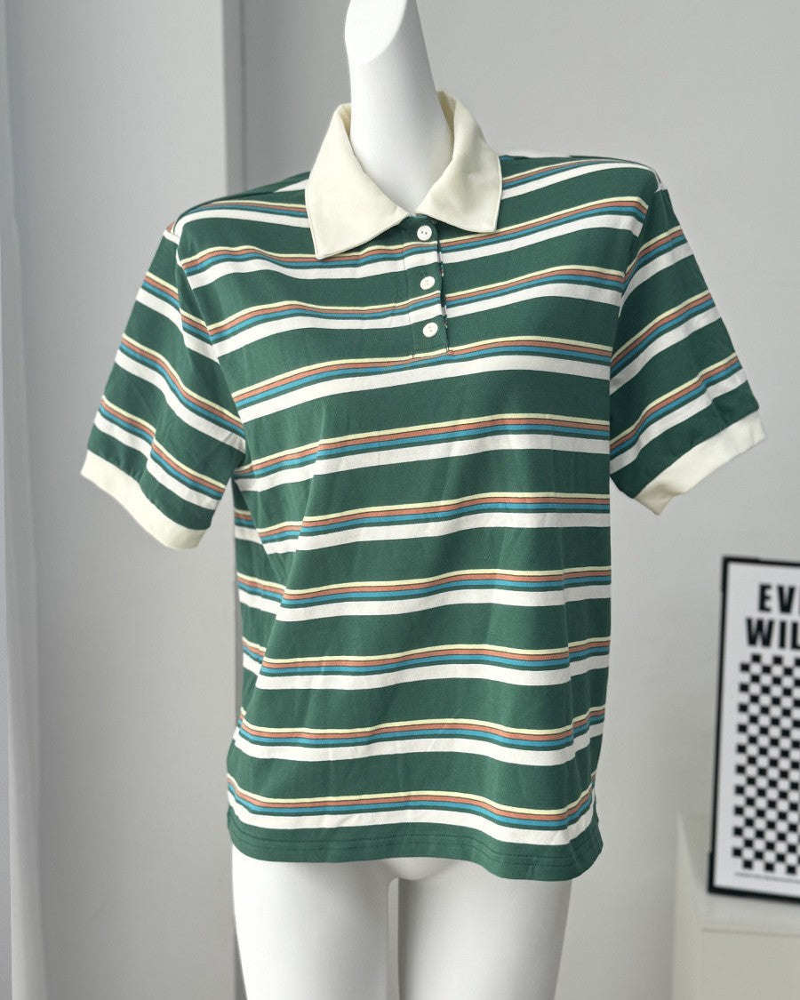 Vintage Stripe Collared Polo Tee - Dark-Green - 1