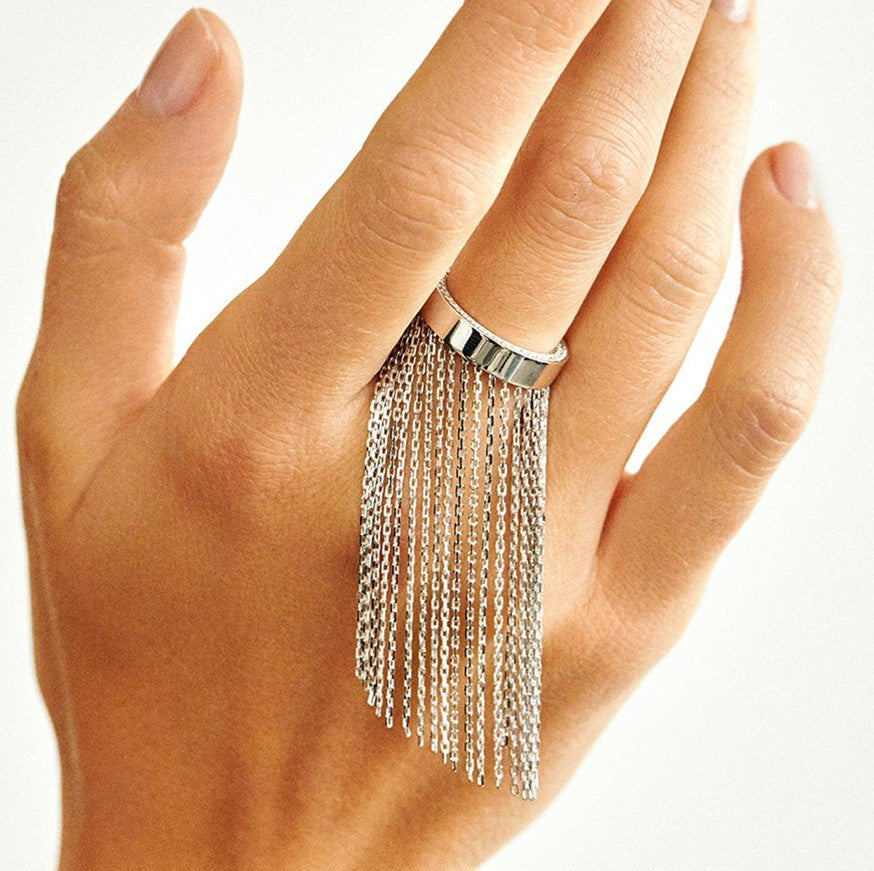 Chain Fringe Statement Tassel Ring - Silvery - 2