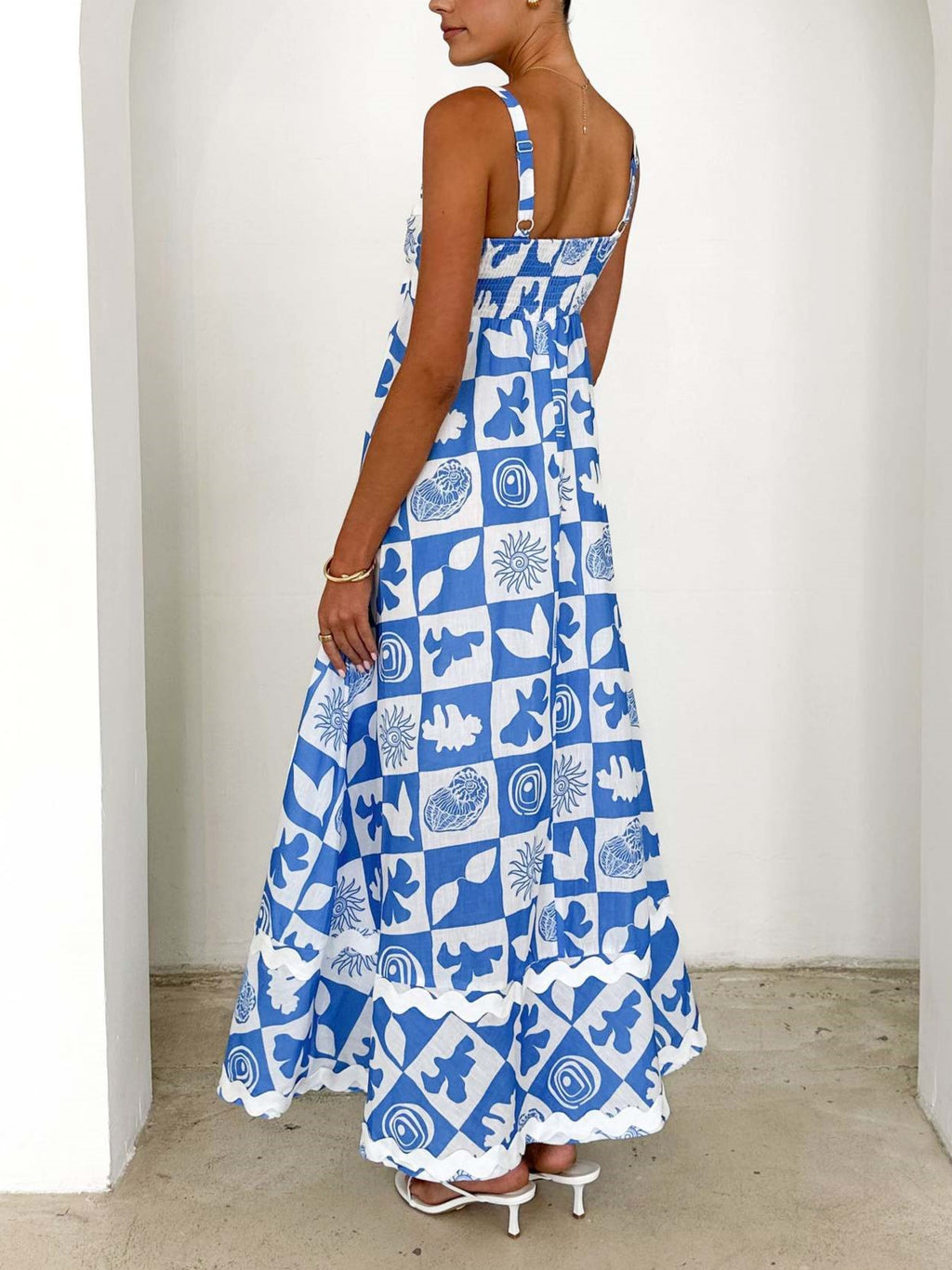 Square Neck Tile Print Ruffle Maxi Dress - Blue - 2