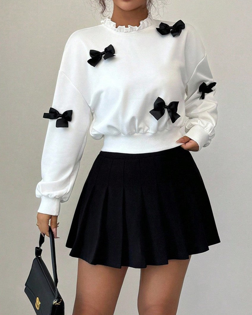Bow Detail Cropped Ruffle Neck Sweatshirt - White