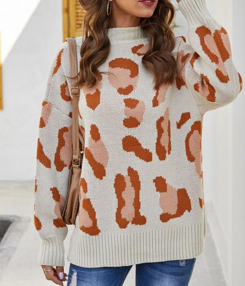 Abstract Leopard Print Mock Neck Sweater - Apricot
