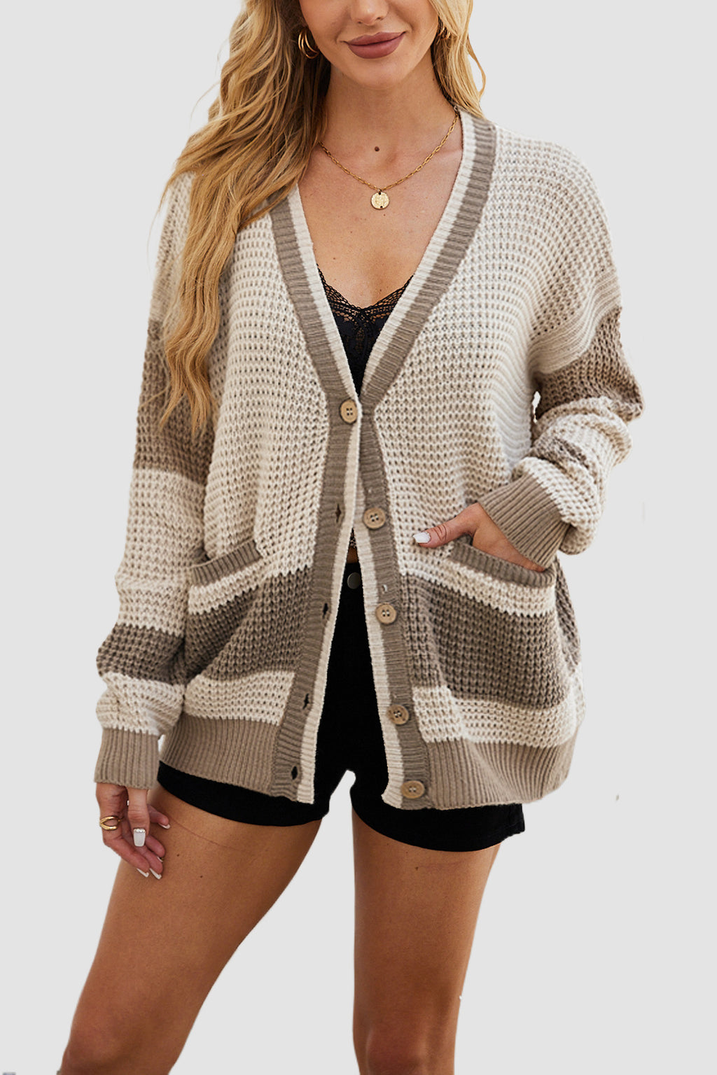 Waffle Knit Striped Oversized Cardigan - Khaki