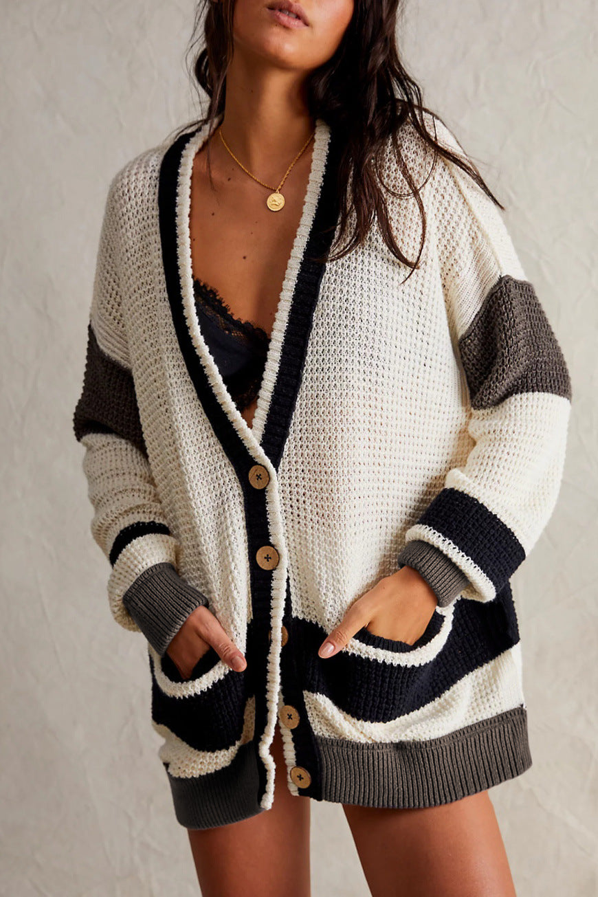 Waffle Knit Striped Oversized Cardigan - black