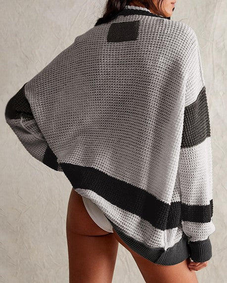 Waffle Knit Striped Oversized Cardigan - grey - 1