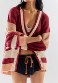 Waffle Knit Striped Oversized Cardigan - red