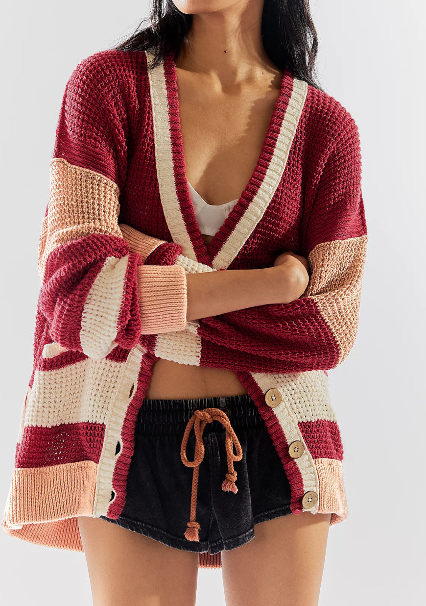 Waffle Knit Striped Oversized Cardigan - red