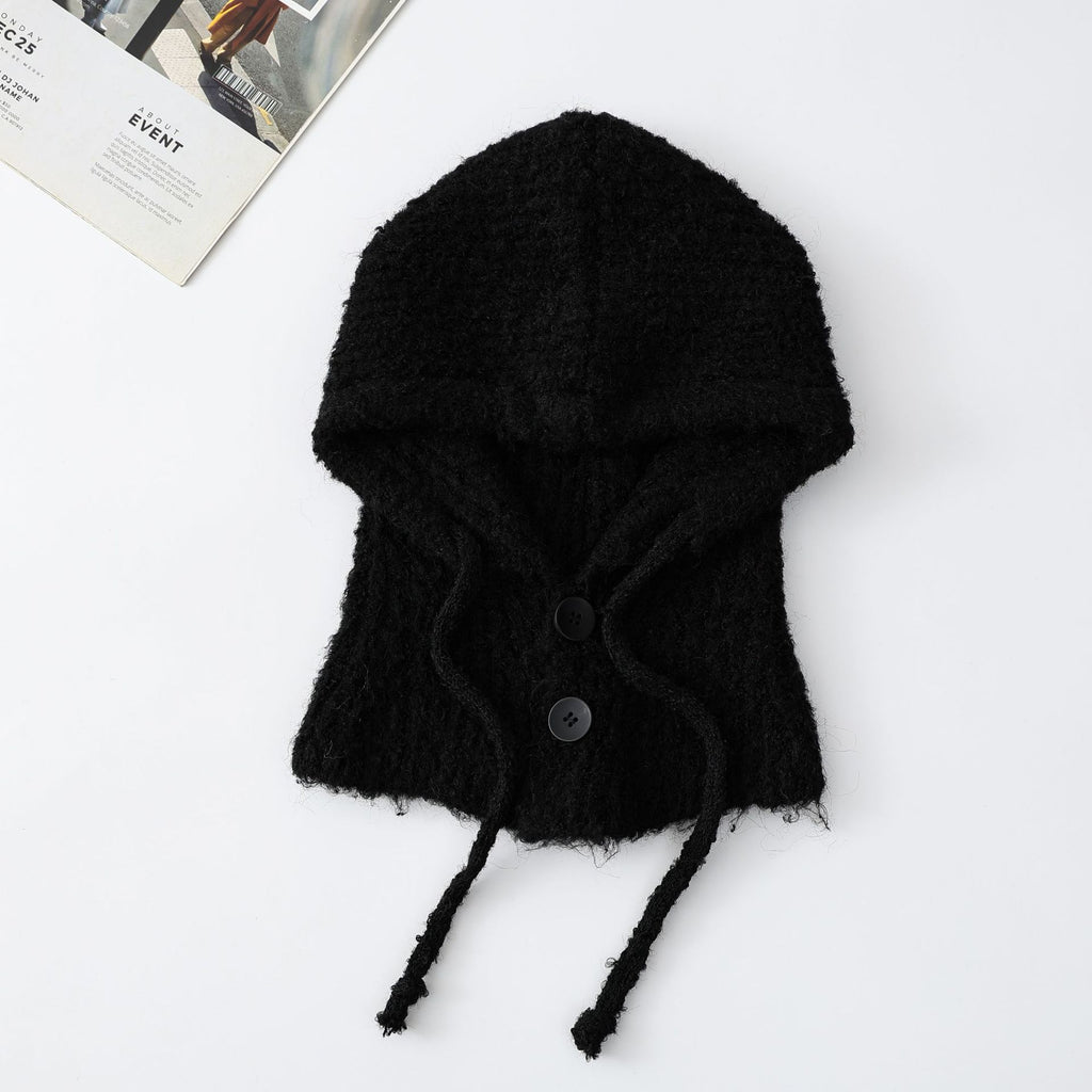 Knit Hooded Scarf With Button Front - Black