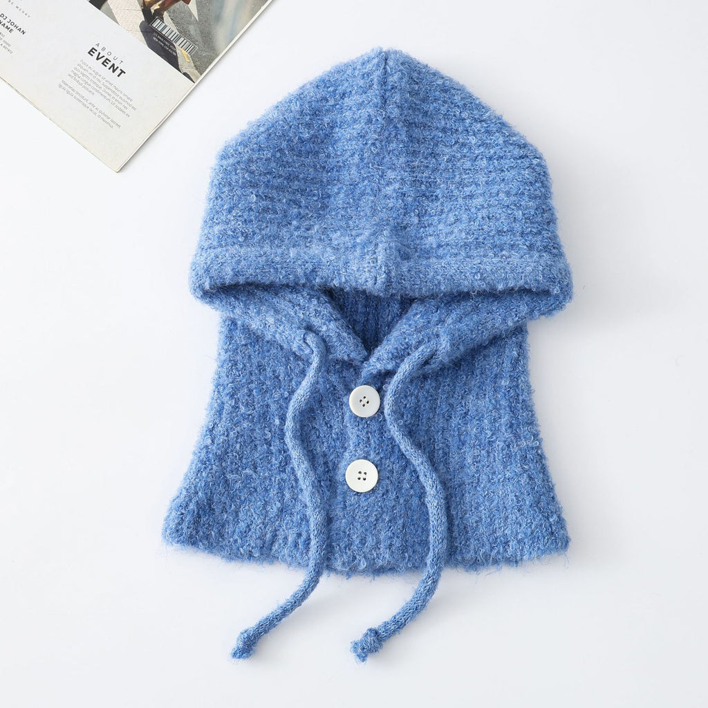 Knit Hooded Scarf With Button Front - Blue
