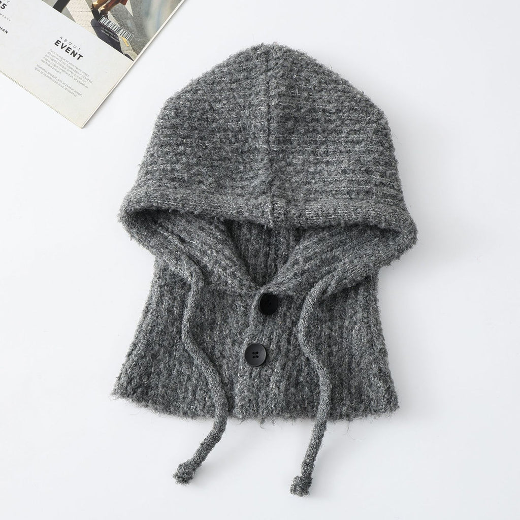 Knit Hooded Scarf With Button Front - Grey