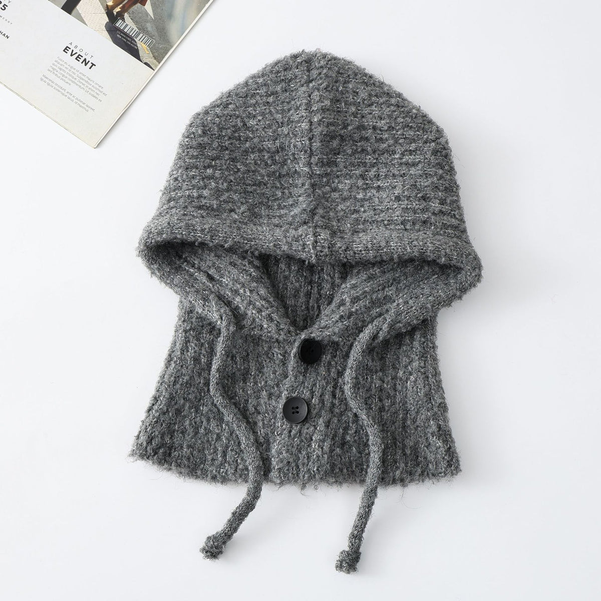 Knit Hooded Scarf With Button Front - Grey