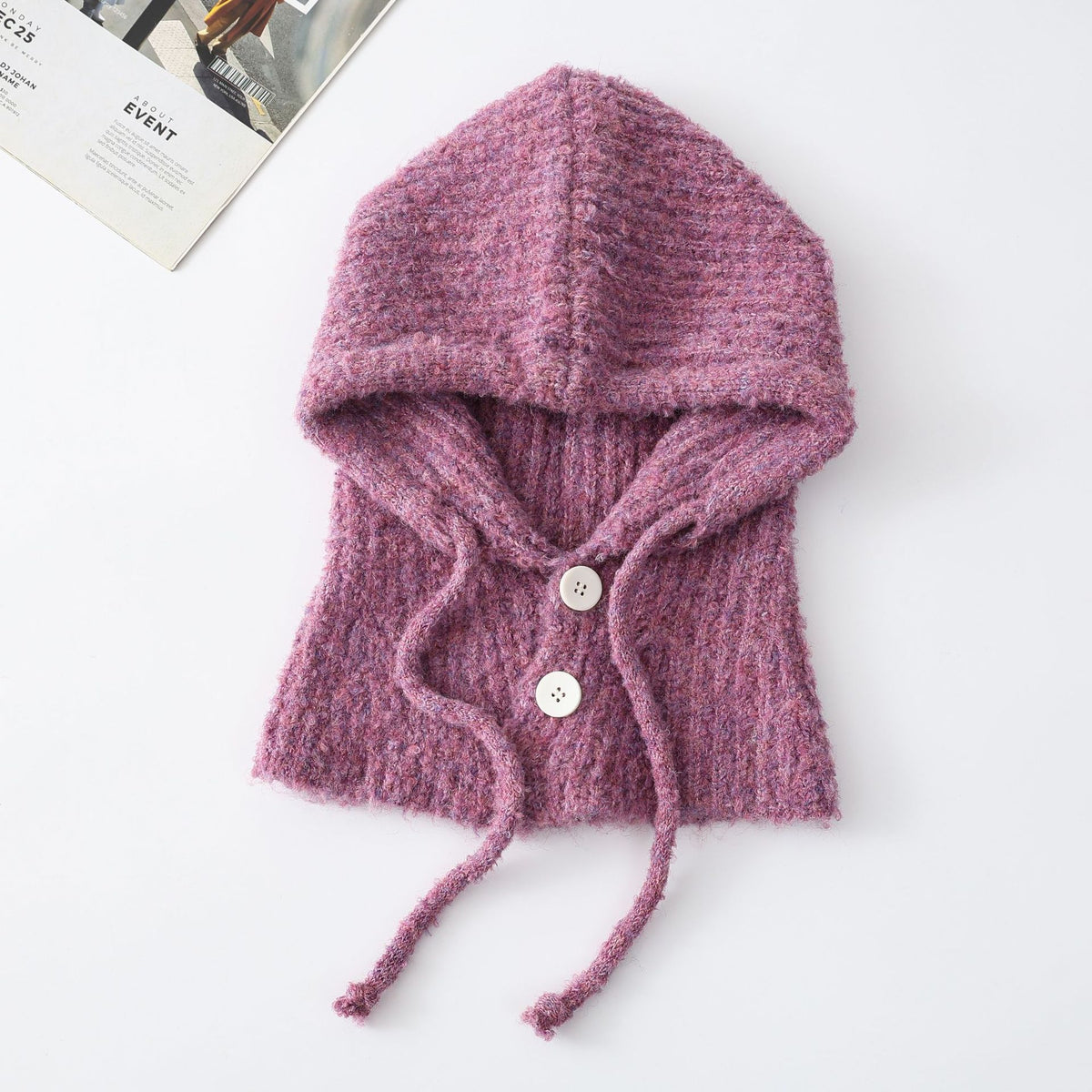 Knit Hooded Scarf With Button Front - Purple