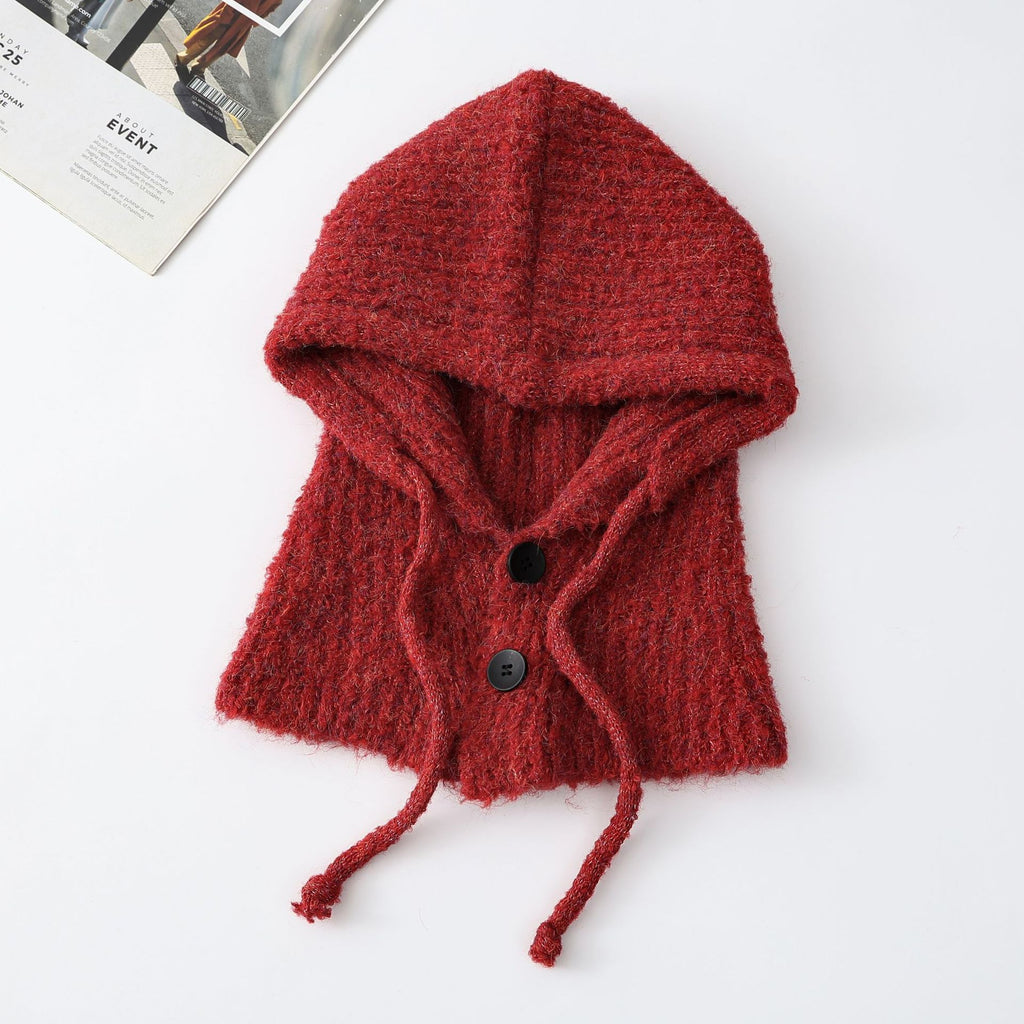 Knit Hooded Scarf With Button Front - Red