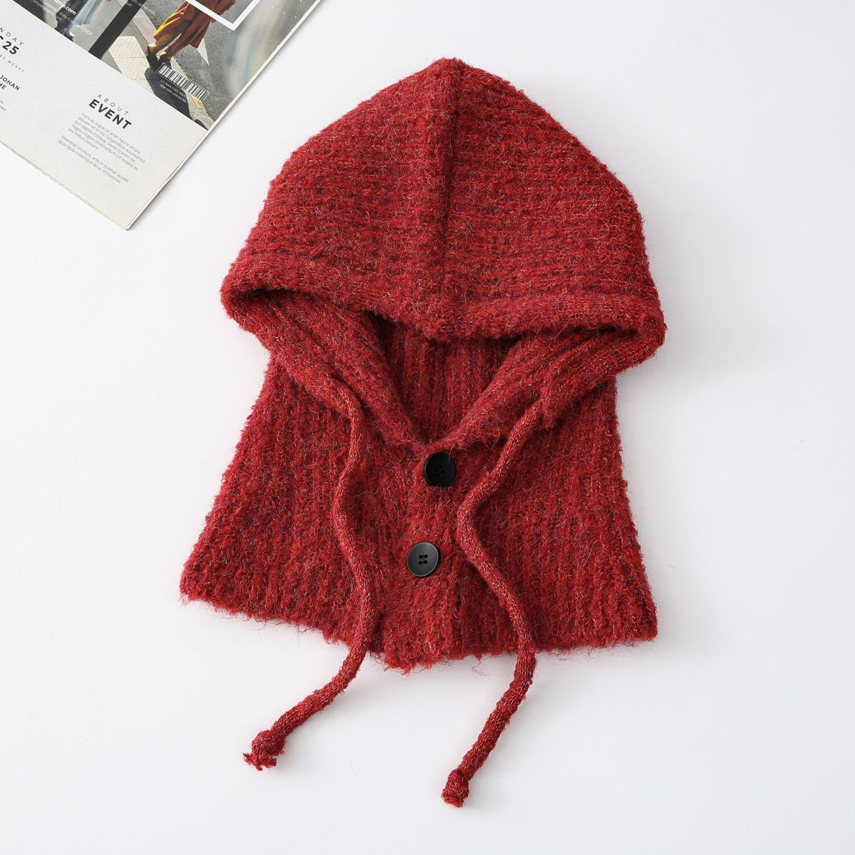Knit Hooded Scarf With Button Front - Red