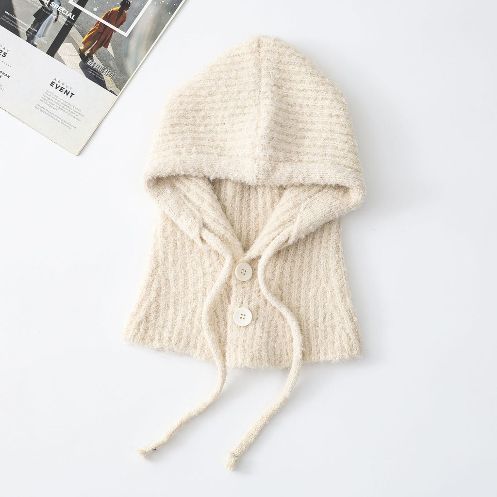 Knit Hooded Scarf With Button Front - White