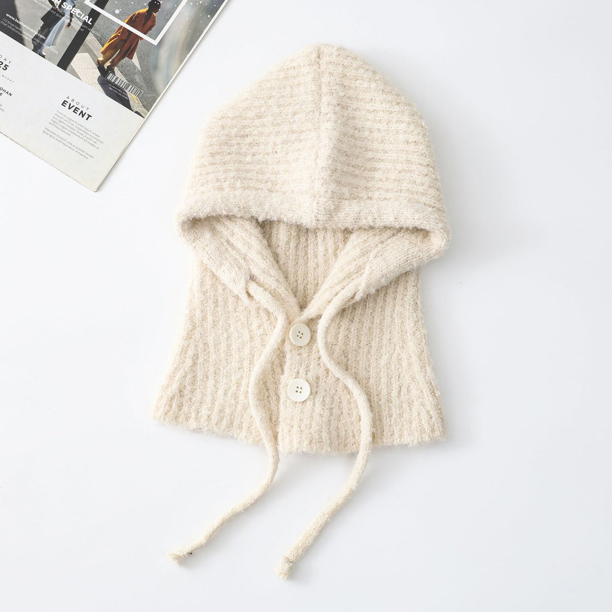 Knit Hooded Scarf With Button Front - White