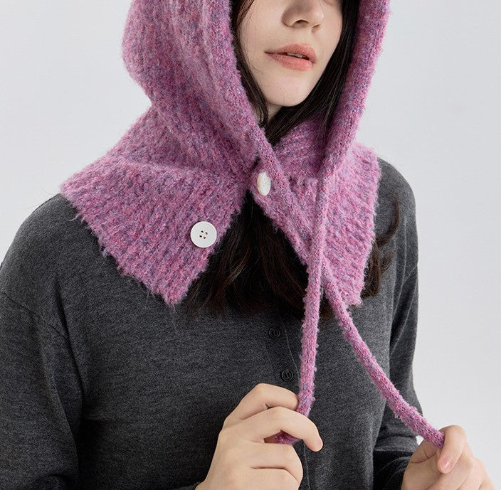 Knit Hooded Scarf With Button Front - view 1