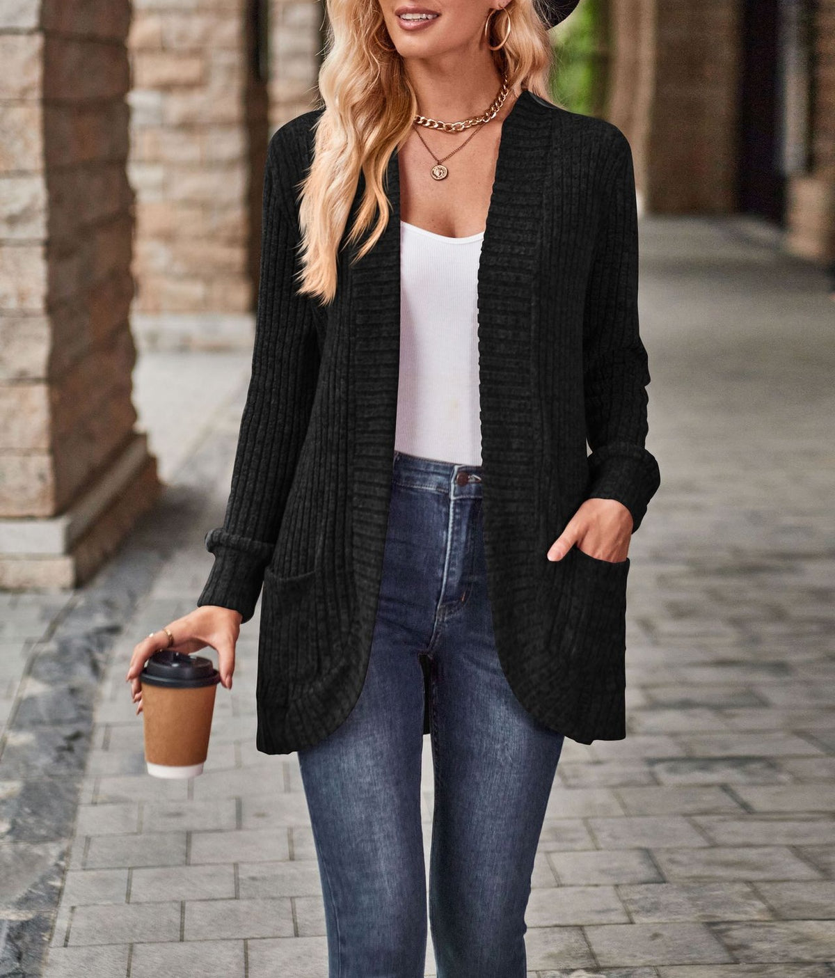 Longline Open Front Ribbed Knit Sweater - Black
