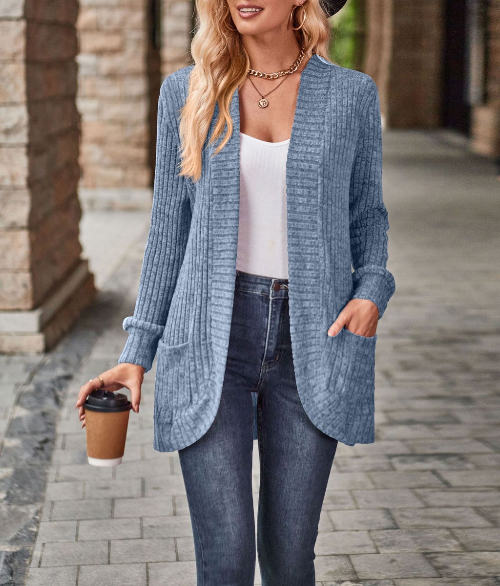Longline Open Front Ribbed Knit Sweater - Blue