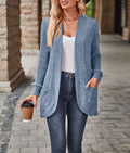 Longline Open Front Ribbed Knit Sweater - Blue