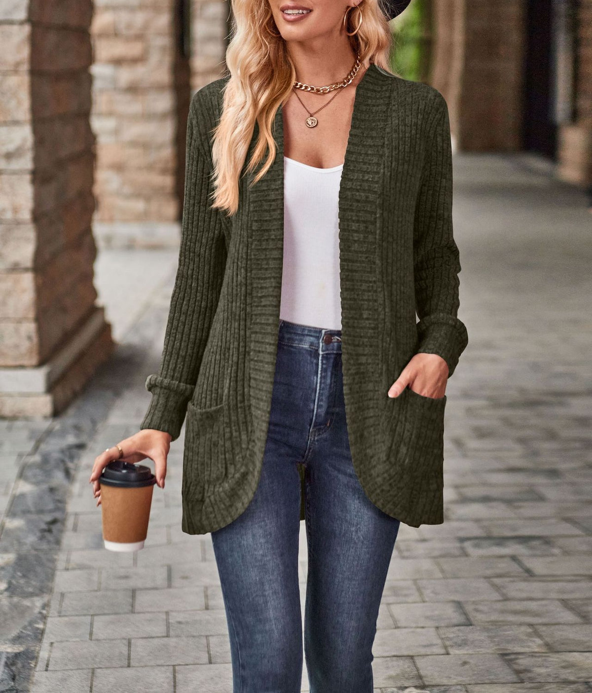 Longline Open Front Ribbed Knit Sweater - Green
