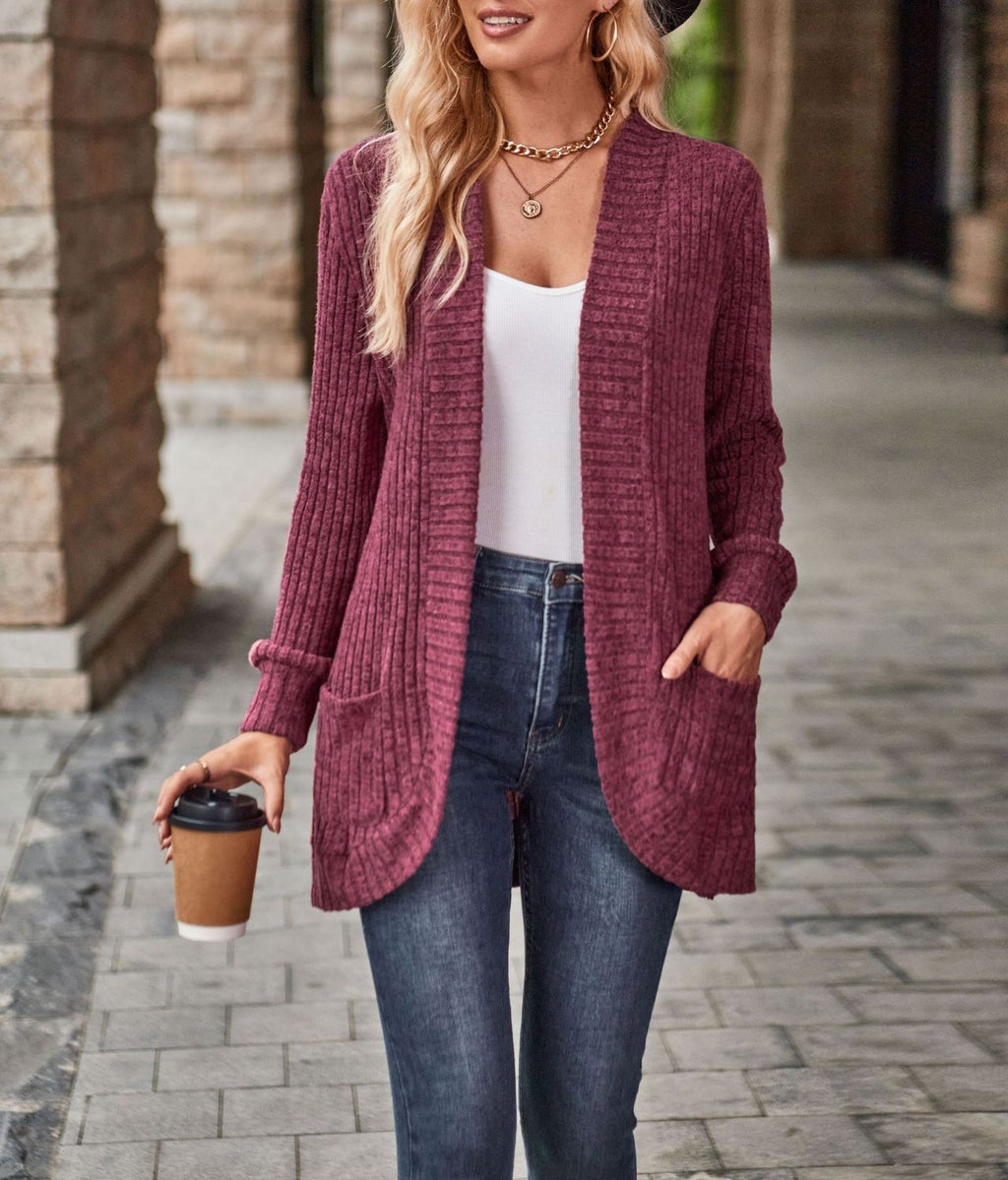 Longline Open Front Ribbed Knit Sweater - Red