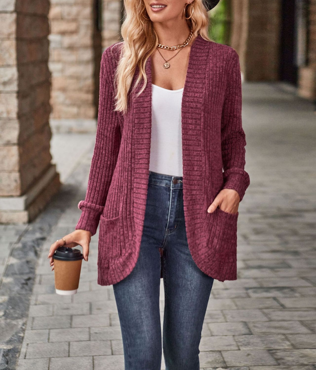 Longline Open Front Ribbed Knit Sweater - Red