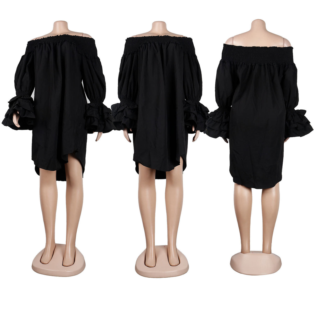 Off Shoulder Smocked Tiered Ruffle Sleeve Dress - Black