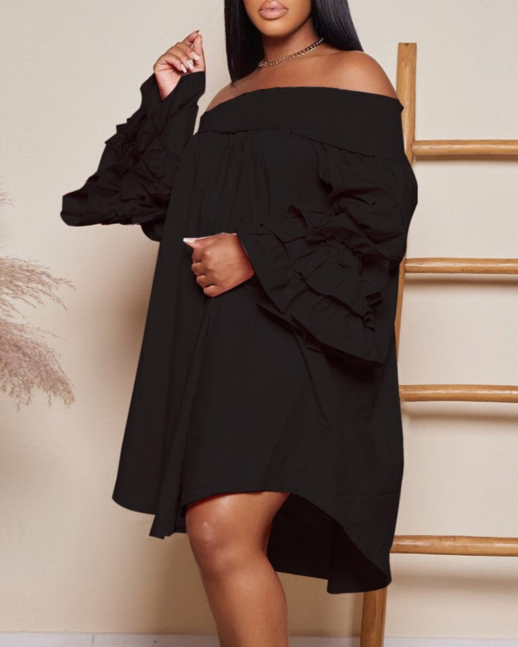 Off Shoulder Smocked Tiered Ruffle Sleeve Dress - Black - 1