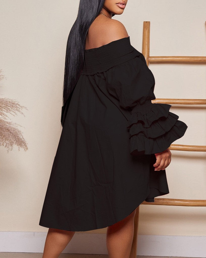 Off Shoulder Smocked Tiered Ruffle Sleeve Dress - Black - 2