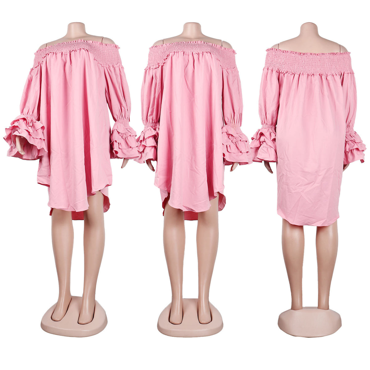 Off Shoulder Smocked Tiered Ruffle Sleeve Dress - Pink