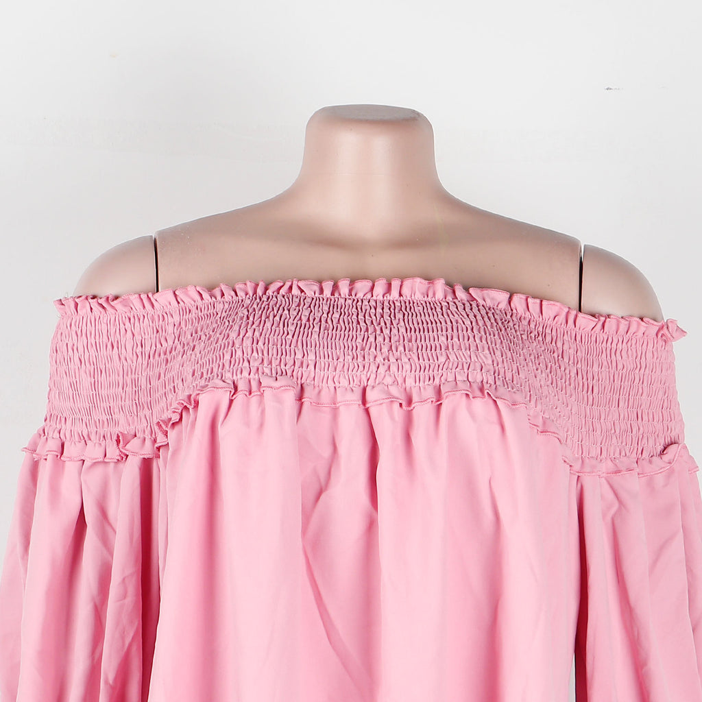 Off Shoulder Smocked Tiered Ruffle Sleeve Dress - Pink - 1